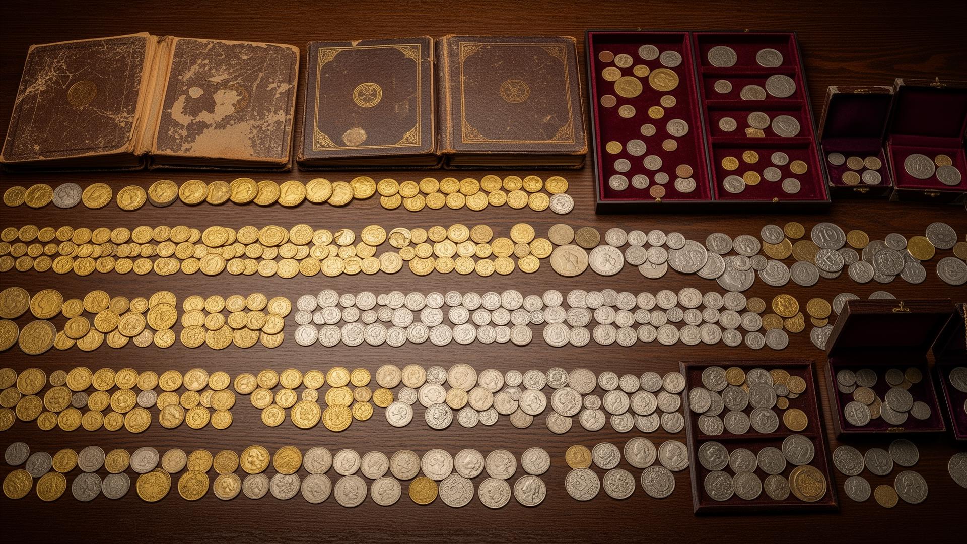 Large coin collection spread on table